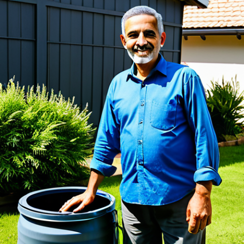 Home 4 A man of Arab descent, middle-aged, stands proudly next to a simple, functional rainwater harvesting system in the sunny backyard of a modern home. He wears a modest long-sleeved shirt and trousers, appropriate attire for outdoor work. A clean, large rainwater barrel is prominently visible, connected to a house downspout, with clear water inside. Healthy, green garden plants fill the background, thriving under clear skies. The scene evokes a sense of accomplishment and sustainable living, safe for work, appropriate content, fully clothed, family-friendly. Perfect anatomy, correct proportions, natural pose, well-formed hands, proper finger count, natural body proportions, professional photography, high quality, realistic.