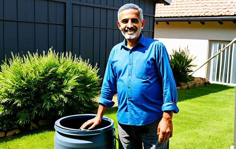 A man of Arab descent, middle-aged, stands proudly next to a simple, functional rainwater harvesting system in the sunny backyard of a modern home. He wears a modest long-sleeved shirt and trousers, appropriate attire for outdoor work. A clean, large rainwater barrel is prominently visible, connected to a house downspout, with clear water inside. Healthy, green garden plants fill the background, thriving under clear skies. The scene evokes a sense of accomplishment and sustainable living, safe for work, appropriate content, fully clothed, family-friendly. Perfect anatomy, correct proportions, natural pose, well-formed hands, proper finger count, natural body proportions, professional photography, high quality, realistic.
