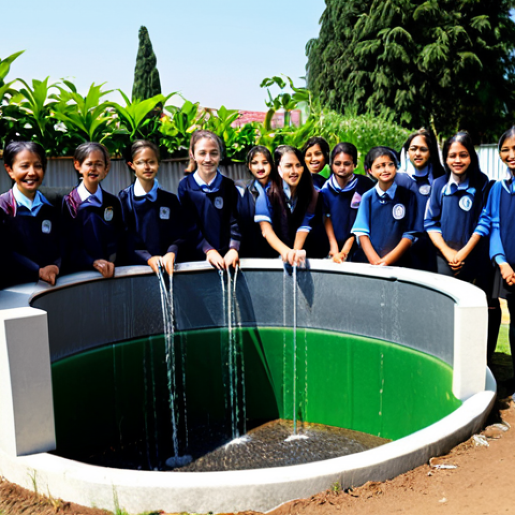 Rainwater Harvesting in School**
"A group of fully clothed, smiling students and teachers standing around a newly installed rainwater harvesting system at their school, showcasing the water being used to irrigate a lush green garden, appropriate content, safe for work, professional setting, perfect anatomy, natural proportions, family-friendly, modest clothing, sunny day."
**