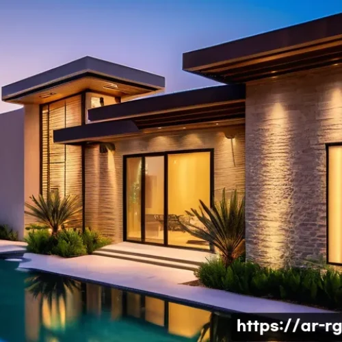 주택과 빗물 재활용 시스템의 통합 설계 - A modern Arabic-style home exterior integrating a smart rainwater harvesting system, featuring elega...
