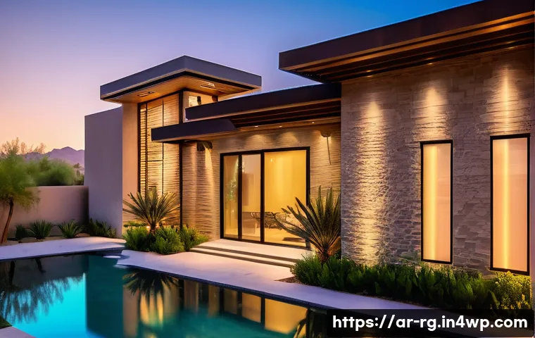 주택과 빗물 재활용 시스템의 통합 설계 - A modern Arabic-style home exterior integrating a smart rainwater harvesting system, featuring elega...