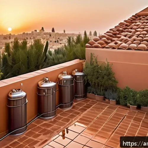 캘리포니아의 빗물 재활용 정책 - A modern Middle Eastern residential rooftop rainwater harvesting system at sunset, featuring sloped ...