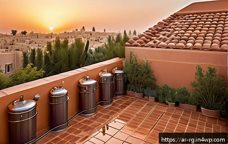 캘리포니아의 빗물 재활용 정책 - A modern Middle Eastern residential rooftop rainwater harvesting system at sunset, featuring sloped ...