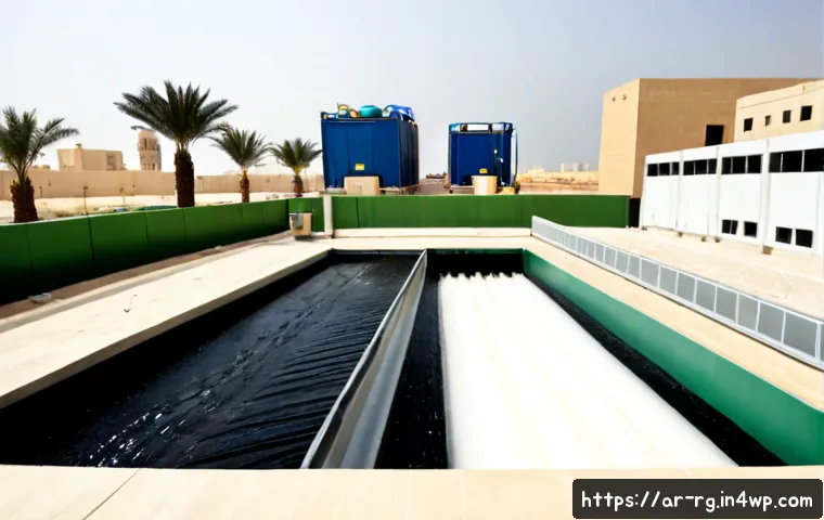 상업용 빗물 재활용 프로젝트 사례 - Photorealistic commercial rainwater recycling project at a modern office complex in a Gulf Arab city...